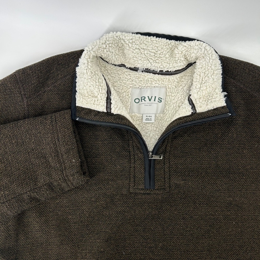 Orvis Pullover Mens XL Brown Quarter Zip Sherpa Collar Textured Fleece Sweater
